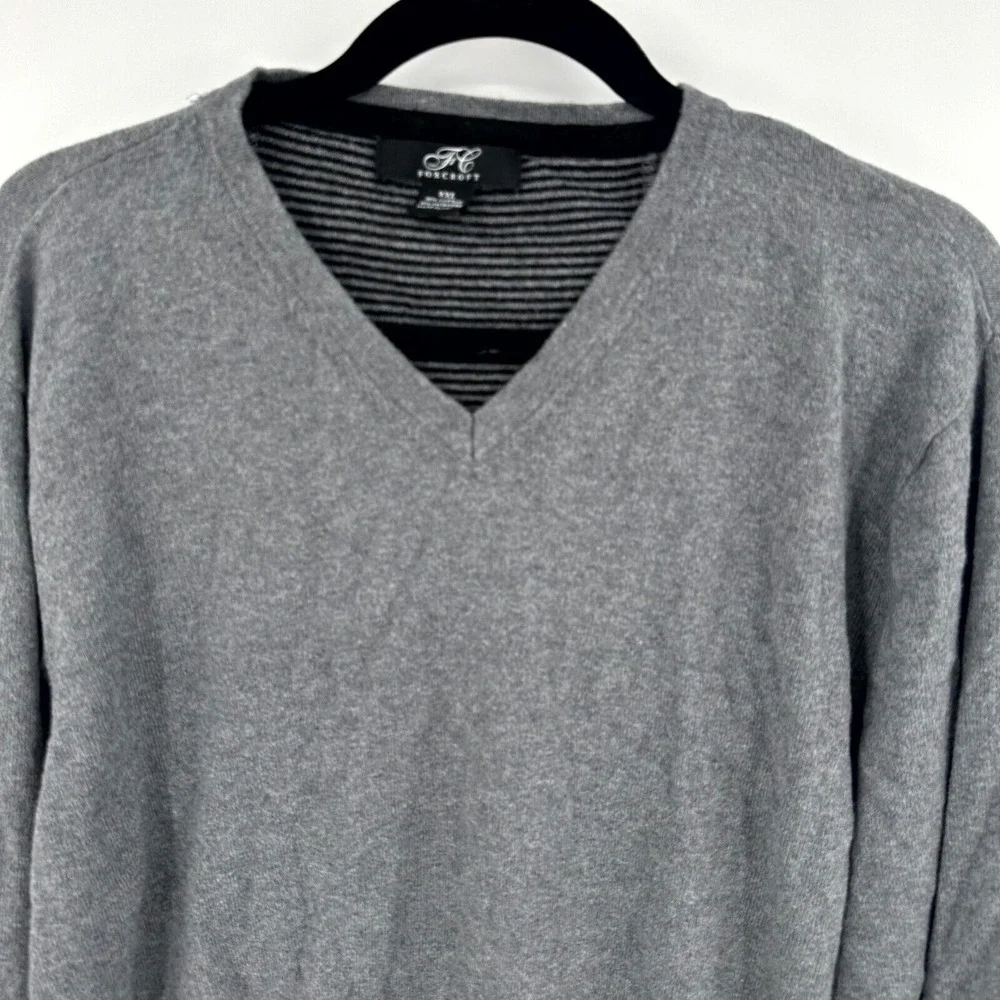 Foxcroft Sweater Mens 2XL Gray Knitted Ribbed Hem Stretch Raglan‎ Sleeve V Neck